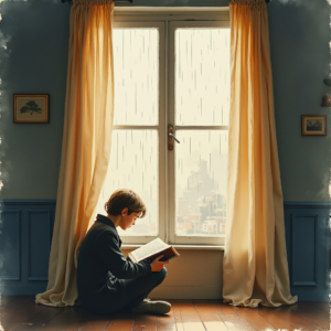 Watercolor — Nostalgic Figure Reading By A Rain-streaked Illustration Styles #0248 (Leonardo)