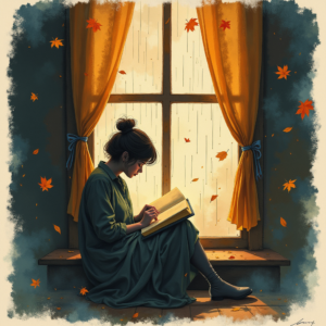 Watercolor — Nostalgic Figure Reading By A Rain-streaked Illustration Styles #0260 (Leonardo)
