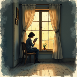Watercolor — Nostalgic Figure Reading By A Rain-streaked Illustration Styles #0272 (Leonardo)