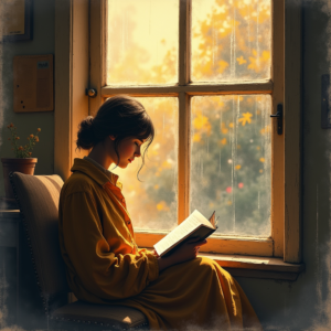Watercolor — Nostalgic Figure Reading By A Rain-streaked Illustration Styles #0290 (Krea)