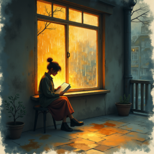 Watercolor — Nostalgic Figure Reading By A Rain-streaked Illustration Styles #0308 (Leonardo)