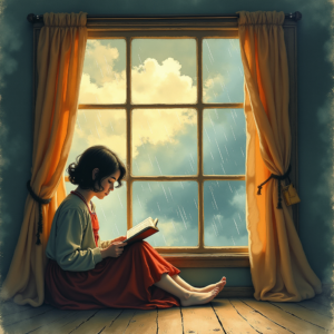 Watercolor — Nostalgic Figure Reading By A Rain-streaked Illustration Styles #0320 (Leonardo)