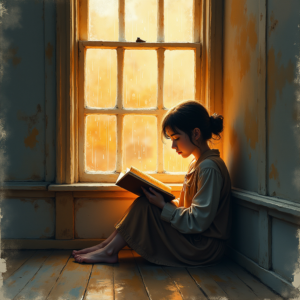 Watercolor — Nostalgic Figure Reading By A Rain-streaked Illustration Styles #0326 (Krea)