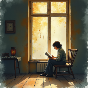 Watercolor — Nostalgic Figure Reading By A Rain-streaked Illustration Styles #0344 (Leonardo)