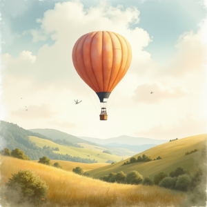 Watercolor — Whimsical Hot-air Balloon Drifting Over Rolling Illustration Styles #0069 (Seedream)
