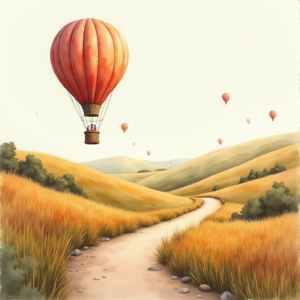 Watercolor — Whimsical Hot-air Balloon Drifting Over Rolling Illustration Styles #0201 (Seedream)