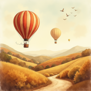 Watercolor — Whimsical Hot-air Balloon Drifting Over Rolling Illustration Styles #0273 (Seedream)