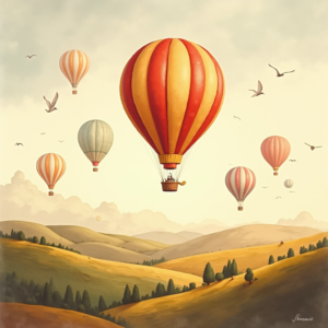 Watercolor — Whimsical Hot-air Balloon Drifting Over Rolling Illustration Styles #0303 (Gemini)