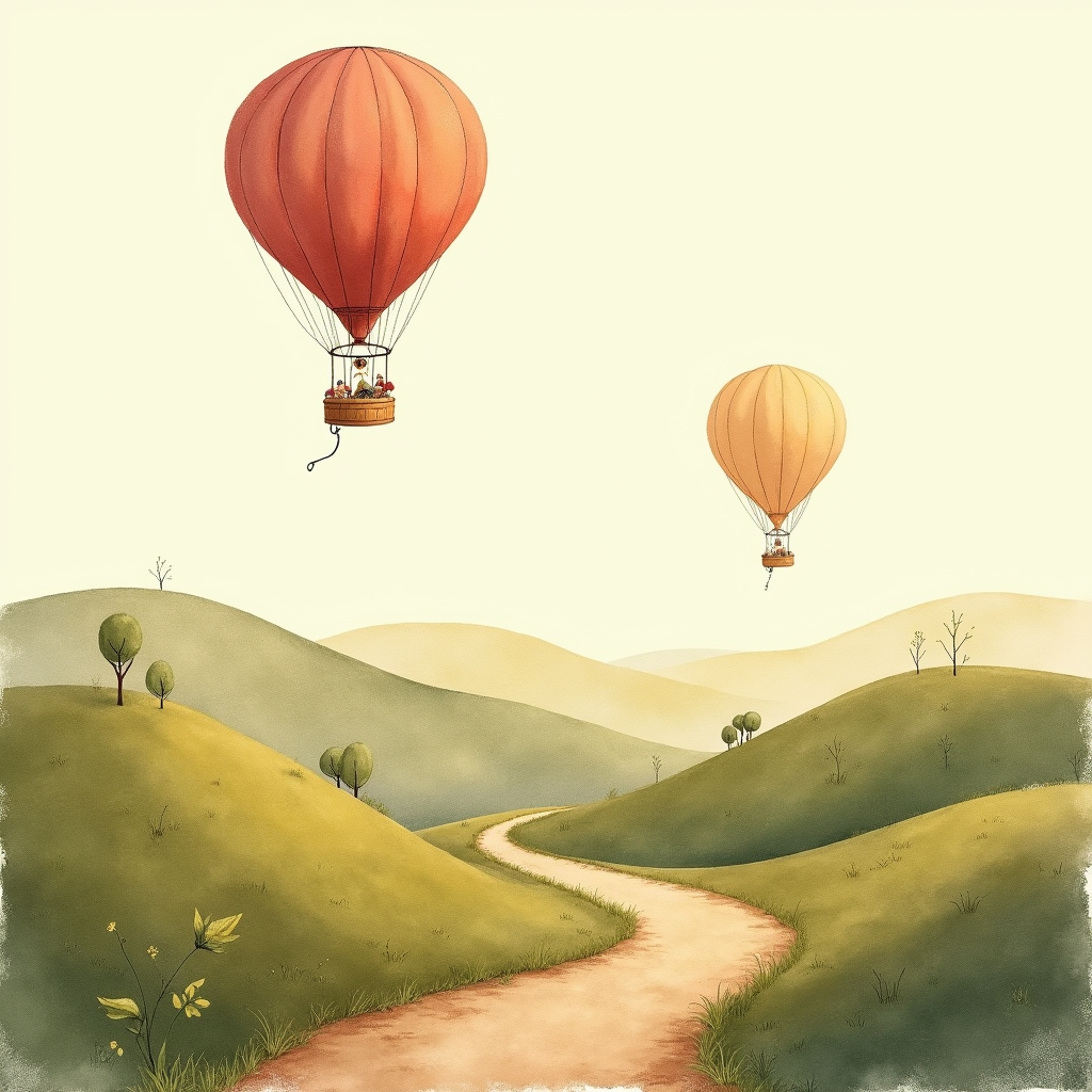 Watercolor — Whimsical Hot-air Balloon Drifting Over Rolling Illustration Styles #0345 (Seedream)